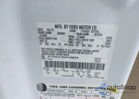 2010 Ford F-150 Fx2 Sport/Harley-Davidson/King Ranch/Lariat/Platinum/Xl/Xlt из США, поврежденный, VIN 1FTFW1CV6AFC84576